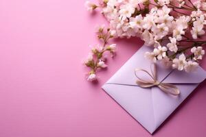 ai generado un regalo sobre con flores en un rosado antecedentes foto
