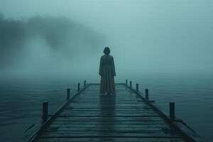 AI generated person standing on a pier in the fog photo