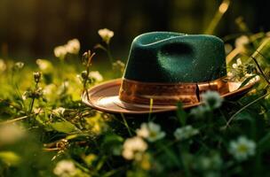 AI generated a st patrick's day green hat is sitting in the grass photo