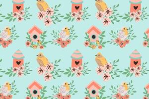 Hand drawn spring bird robin and birdhouse pattern with floral elements on blue background. Vector illustration isolated. Can used for wrapping paper, textile, clothes. greeting card, wallpapers.