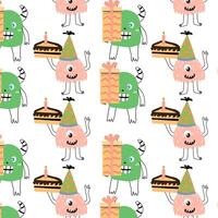 cute monsters with cake and box for wrapping paper pattern vector