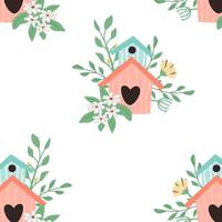 cute pink romantic birdhouse with floral branch pattern. Vector illustration can used for wrapping paper, cover for notebook.