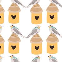 Hand drawn cute birds and birdhouse pattern with floral elements. Vector illustration isolated. Can used for wrapping paper, textile, clothes. greeting card, wallpapers.