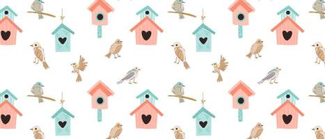 Hand drawn spring birds and birdhouse pattern with floral elements and birds. Vector illustration isolated. Can used for wrapping paper, textile, clothes. greeting card, wallpapers.