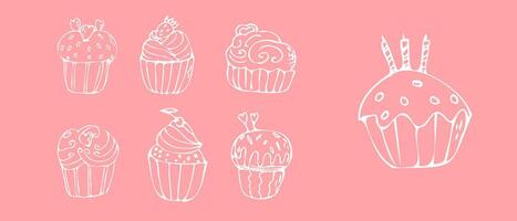 Doodle cupcakes with cream - sweet food on pink background. Vector illustration can used for bakery background, invitation card, poster, textile, banner, greeting card, invitation card, bakery design