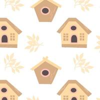 autumn pattern with bird houses and leaves. Vector illustration isolated. Can used for wrapping paper, textile, greeting card, celebration design