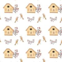 Hand drawn birds and birdhouse pattern with floral elements. Vector illustration isolated. Can used for wrapping paper, textile, clothes. greeting card, wallpapers.