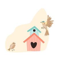 spring birds and birdhouse on peach background for greeting card, cover design. Vector illustration isolated. Can used for wallpaper, poster, print design for cloth.