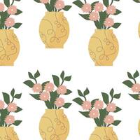 summer floral pattern with yellow vase and flowers with branch. Vector illustration can used for wrapping paper, textile, fabric design, print for clothes, posters.