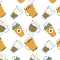 Hot coffee in plastic cup and cold coffee in glass seamless pattern vector