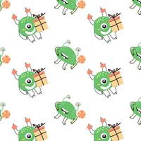 cute monsters with present box and lollipop childish pattern vector