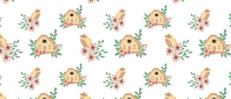 Hand drawn spring birds and birdhouse pattern with floral elements. Vector illustration isolated. Can used for wrapping paper, textile, clothes. greeting card, wallpapers.