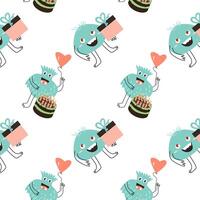 blue monster and cake holiday wrapping pattern vector