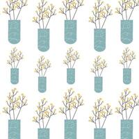 spring or summer floral pattern with vase and flowers mimosa with branch. Vector illustration can used for wrapping paper, textile, fabric design, print for clothes, posters.