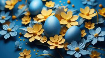 AI generated colorful eggs on blue background with flowers and leaves photo