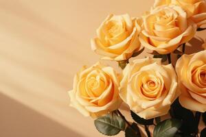 AI generated close up of yellow roses on a beige background photo