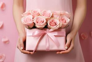 ai generado regalo envuelto rosado sobre con rosas dentro foto