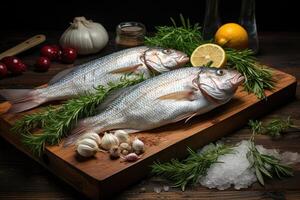 AI generated fresh fish on wooden board beside herbs photo