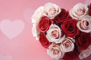 ai generado rojo y blanco corazón regalo con rosas en un rosado antecedentes foto