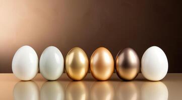 AI generated gold eggs stand on a golden background photo