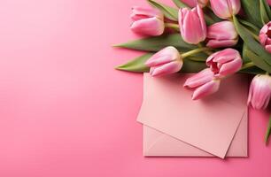 AI generated a red envelope containing letters and red tulips on a pink background photo