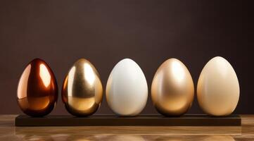 AI generated gold eggs stand on a golden background photo