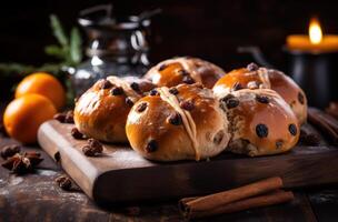 AI generated three raisin hot cross buns on top of a wooden surface photo