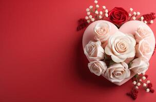 ai generado rojo y blanco corazón regalo con rosas en un rosado antecedentes foto