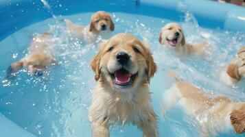 ai generado cachorros alegremente nadar en un inflable piscina foto