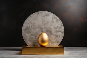 AI generated the gold pedestal has a square seat with an egg on it with grey background photo