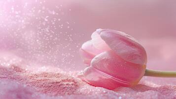 ai generado un maravilloso rosado tulipán descansa en un cama de rosado polvo foto