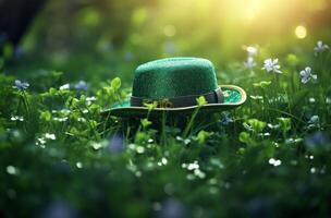 ai generado verde duende sombrero en un verde césped foto