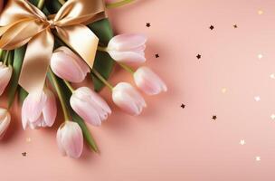 AI generated pink tulips, white bow on top of a pink background photo