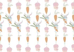 Seamless pattern with rabbits, carrots, easter cakes on white background vector illustration. Cute cartoon character.