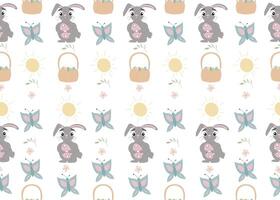 Easter pattern with Easter bunny, basket, butterflies on white background. vector