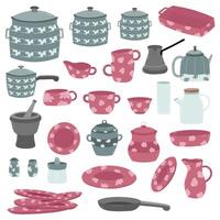 Vector set of dishes, plates and bonfires, cups and teapots.