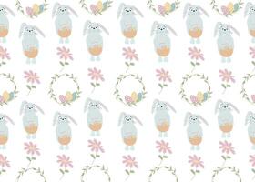 Seamless pattern with bunnies, easter wreath and flowers on white background. vector