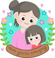 mom day hand drawn cartoon mother hugging her daughter vector illustration