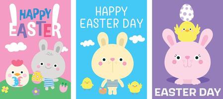 Happy Easter creative poster collection Set of easter greeting card with cute illustrations in cartoon style Egg hunt event invitation template Ideal for flyer postcard promo Vector illustration