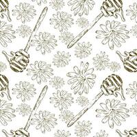 Hand drawn pattern with honey spoon in vintage sketch vector