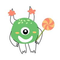 Cute monster baby character with lollipop vector