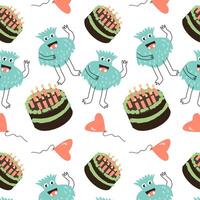 cute monster cake and baloon birthday seamless pattern vector