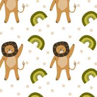 cute wild tropical animal lion with rainbow childish seamless pattern vector