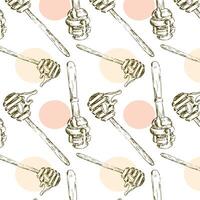 Hand drawn pattern with honey spoon in vintage sketch vector