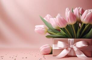 AI generated pink tulips with a bow and flowers on a pink background photo