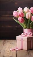 AI generated tulips and a gift on a wooden table with pink photo