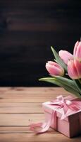 AI generated tulips and a gift on a wooden table with pink photo