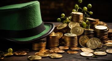 AI generated st patrick's day celebration, a leprechaun hat and stacks of old coins photo