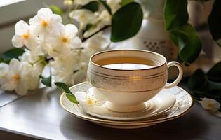 ai generado té con flores en mesa, en el estilo de neutral colores foto