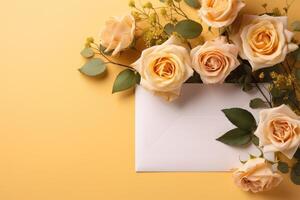 AI generated roses and a blank envelope blank template photo